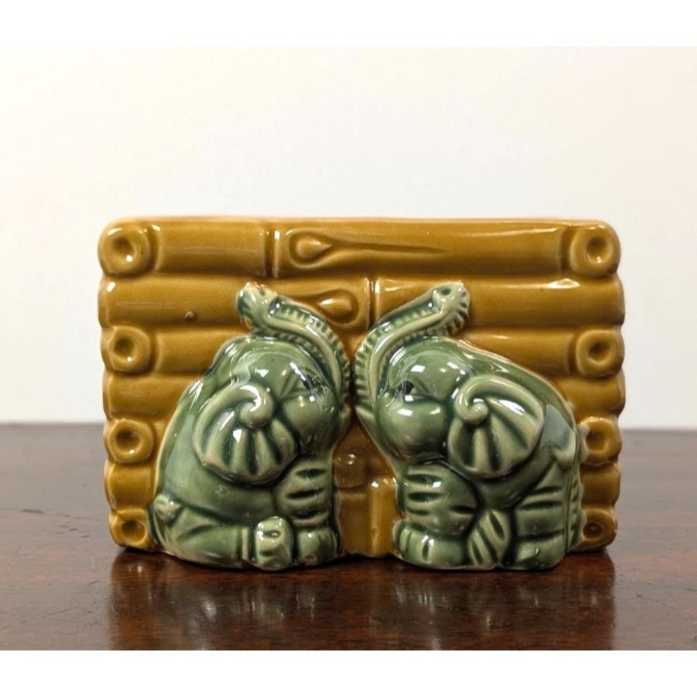 Vintage Ceramic Elephant Bamboo Planter Cachepot Rectangular Green Brown Mid Cen - Picture 2 of 8